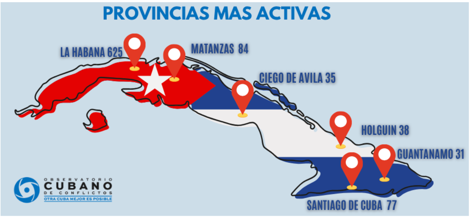 Mapa de Cuba con las provincias más activas en marzo 2026